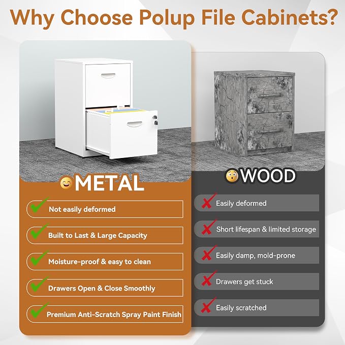 Polup 2 Drawer File Cabinet with Lock, Metal Filing Cabinet for Home Office | Small Locking Cabinet for Under Desk Storage, Printer Stand, Fits Letter Size, White, 26"H x 15"W x 18"D, Easy Assembly