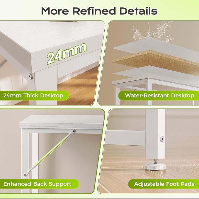 61" L Shaped Computer Desk, Power Outlets, Monitor Stand, White | USB-C Ports, Reversible Charging Station, Spacious Desktop & Legroom, 0.94 Inch Thick Desktop, for Gaming, Study & Work