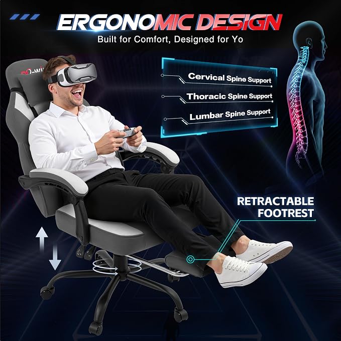 Gaming Chair for Adults with Footrest & Massage Lumbar Support, Ergonomic High Back Gamer Chair, Adjustable Swivel Computer Gaming Chairs with Headrest and Linkage Armrests,Green (Greige)