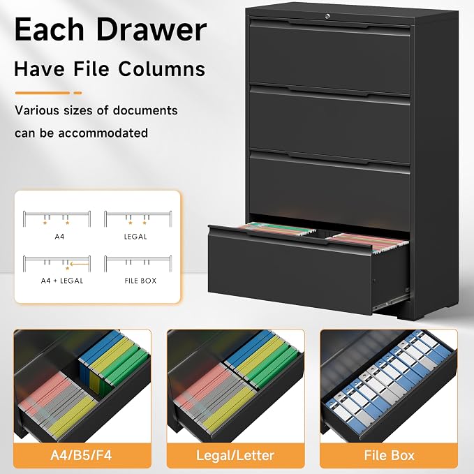 Bestoo 4 Drawer File Cabinet, Metal Lateral Filing Cabinet with Lock | Lockable Drawers, Large Storage Capacity, Heavy Duty Build, Smooth & Quiet Slides, Suitable for Letter/Legal/F4/A4 Size