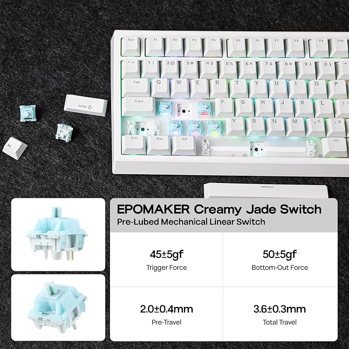 EPOMAKER G84 80% RGB Gaming Mechanical Keyboard with Shine Through Keycaps | 2.4GHz/ Type-C/BT Wireless Keyboard, VIA Programmable, Hot-Swap, Creamy Keyboard for Gamers/Office(White, Creamy Jade Switch)