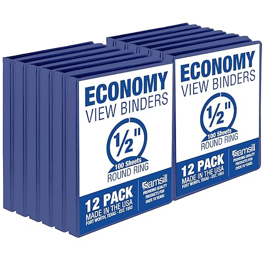 Samsill 0.5 Inch 3 Ring Binders, Economy Round Ring, Clear View Cover, 100 Sheet Capacity - for School, Home, Office - Blue, 12 Pack