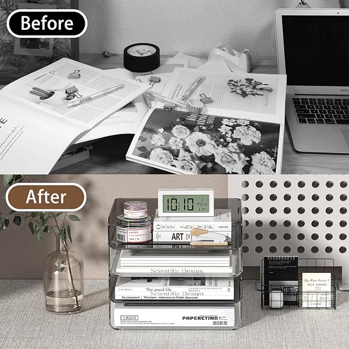 4-Tier Horizontal Acrylic Paper Tray Organizer | Clear Stackable Desk Organizer for Documents, Letters, A4 Paper | Modern Office/Classroom/Home Organization,Clear&Brown