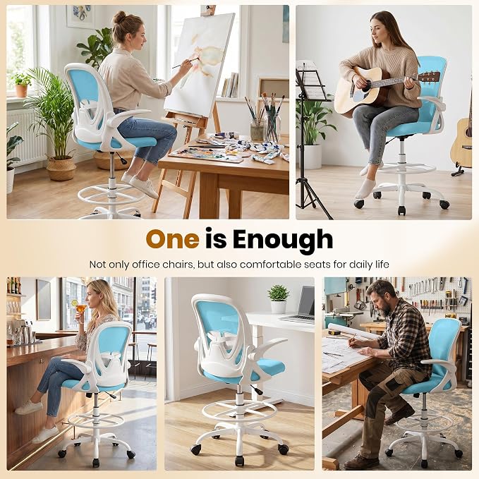Drafting Chair Tall Office Chair with Flip-up Armrests Executive Ergonomic Computer Standing Desk Chair with Lumbar Support and Adjustable Footrest Ring（Blue）