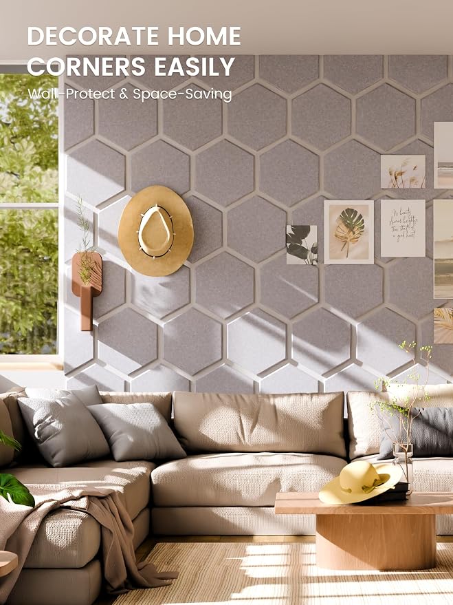 Fluxynara 12-Pack Hexagon Felt Bulletin Board Tiles, Soft Gray | Cork Board Alternative with 60 Adhesive Tabs for Notes, Photos and Reminders in Home Offices, Dorm and Classrooms