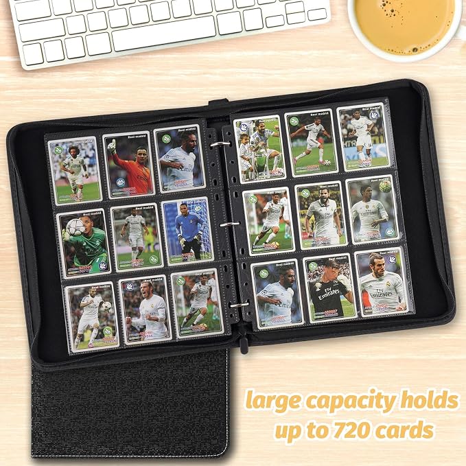 GERMUN 3 Ring 9 Pocket Zipper Card Binder, 720 Double Sided Standard PU Trading Card Album Folder for TCG & Sports Cards, Not Fit Top Loaders(Black2)