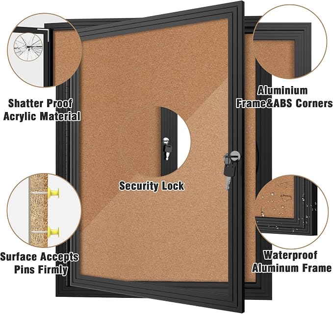 Mifuro 26"x20" Enclosed Bulletin Board, Outdoor Lockable Weather-Resistant Aluminum Cork Noticeboard for School & Office, Black Frame w/Cork