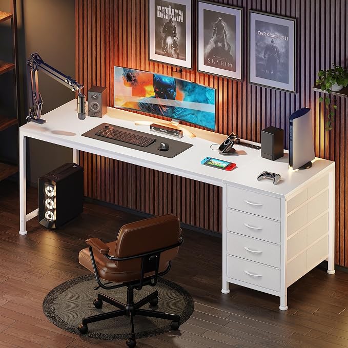 63 Inch Computer Office Desk with Power Outelts and USB-C Port, Reversible Gaming Desk with 4 Fabric Drawers, Work Study Desk Work from Home, White