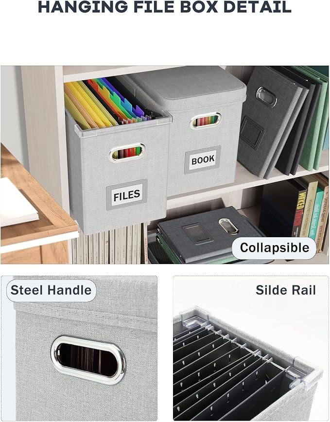 File Organizer Box with Lid, Hanging Filing File Box with Mesh Pocket, Document Organizer Box for Letter Files, Portable Storage Box with Smooth Sliding Rail for Office&Home (2 PCS, Light grey)
