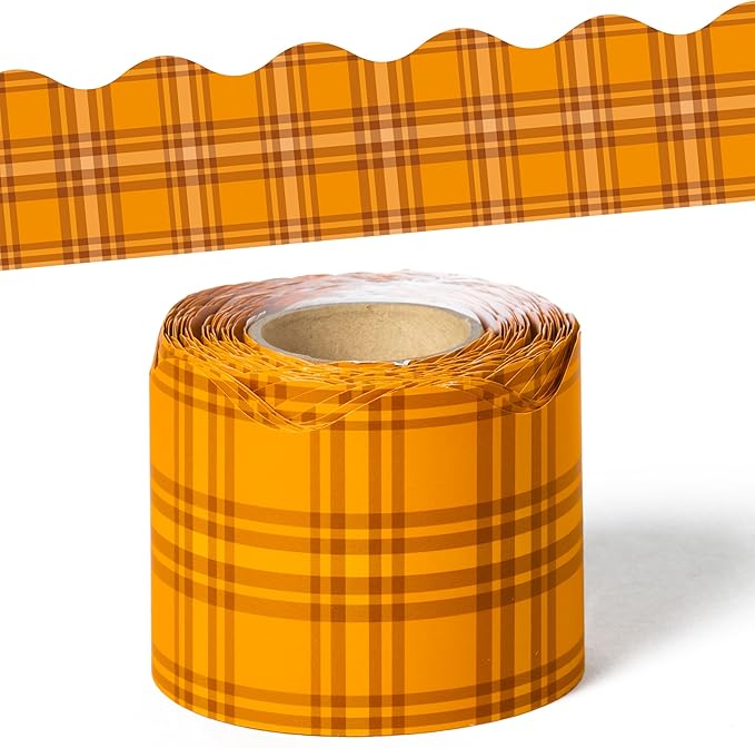 BeYumi Orange Plaid Border Trim - 65ft Back to School Orange Scalloped Rolled Border Trim Fall Thanksgiving Plaid Bulletin Board Set Harvest Party Decor Classroom Office Chalkboard Door Decoration