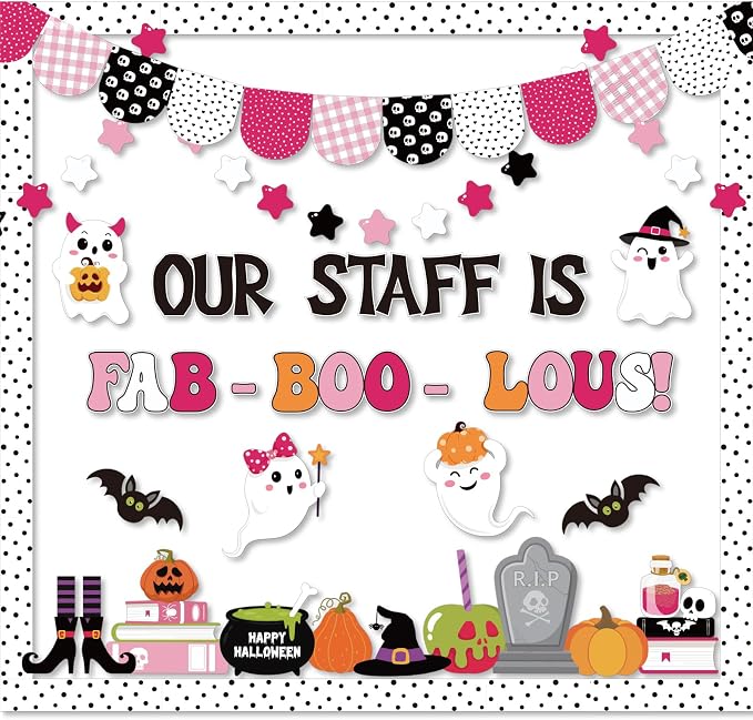 75Pcs Halloween Bulletin Board Decorations Set, Our Staff is Fab-Boo-Lous Halloween Pink Classroom Decor, Cute Boo Ghost Bat Paper Cutouts for School Office Door Wall Decor