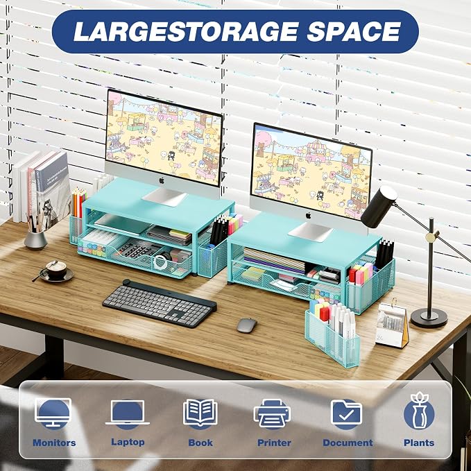 Desk Organizer and Accessories, 2-Tier Computer Monitor Stand Riser with Drawer and 2 Pen Holders, Laptop Stand, Office Desk Accessories for Office Supplies, 1 Pack, Teal Blue