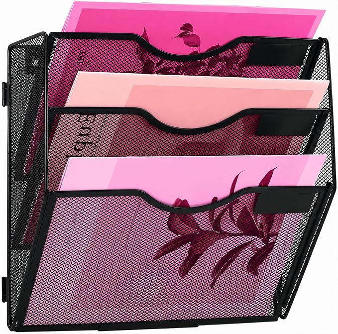 3 Pockets Mesh Wall File Holder Organizer Office Hanging File Folder Magazine Rack, Nametag Label Hooks Set Included (Black)
