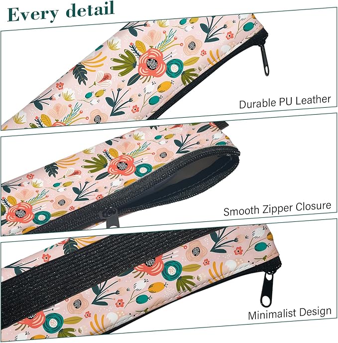 4 Pack Elastic Pen Holder for Notebook, Prints Pen Pouch with Elastic Band and Zipper, Leather Pen Holder for Planners, Journals, Book (Colorful Flowers)