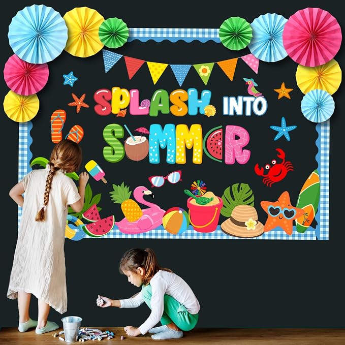 73 Pcs 3D Summer Bulletin Board Decorations with Paper Fans | Tropical Hawaiian Party Decorations Beach Palm Tree Ball Slippers Ice Cream Fruit Classroom Office Wall Door Decor Supplies