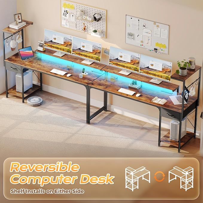 63 Inch Gaming Desk with LED Lights & Power Outlets | Computer Desk with Drawer & Storage Shelves, Office Writing Desk with Monitor Stand for Work from Home, Rustic Brown