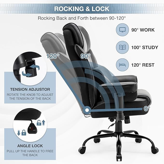 650lbs Big and Tall Office Chair with for Heavy People with Massage Lumbar Pillow, Heavy Duty Executive Desk Chair with Adjustable Padded Armrest & Lumbar Support for Adults 8 Hours Daliy Work