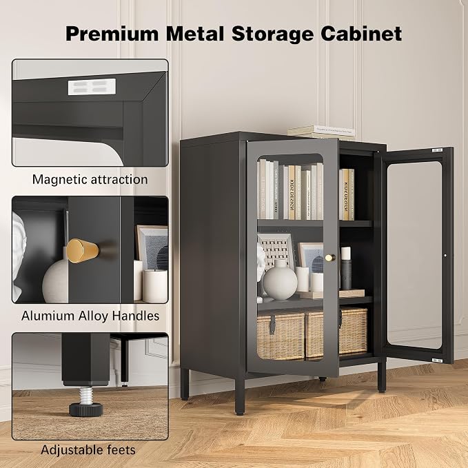Bevivog Small Display Cabinet with Glass Doors, 12" Shallow Metal Storage Cabinet Short Bookcase with Two Doors Two Shelves for Home Office Living Room