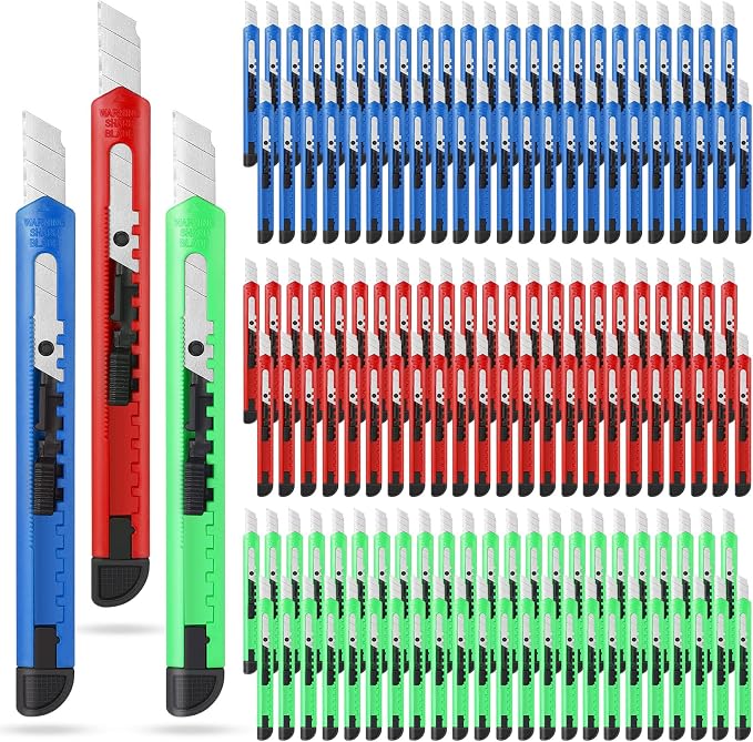 Lasnten 200 Pcs Box Cutter Utility Knife Small Retractable 9mm Wide Snap off Blade Knife Plastic Compact Box Opener with Sliding Lock Tools for Home Office Arts Crafts, 3 Colors