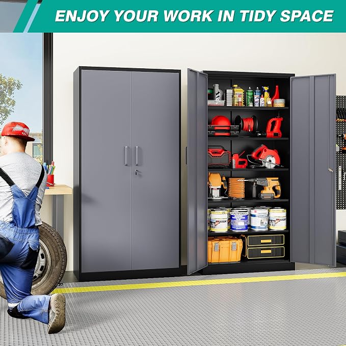 Metal Storage Cabinet with 5 Adjustable Shelves,Garage Storage Cabinet with Lock,Metal Cabinets with Locking Doors,71" Lockable Tool Cabinets for Home,Office,Shop,Garage