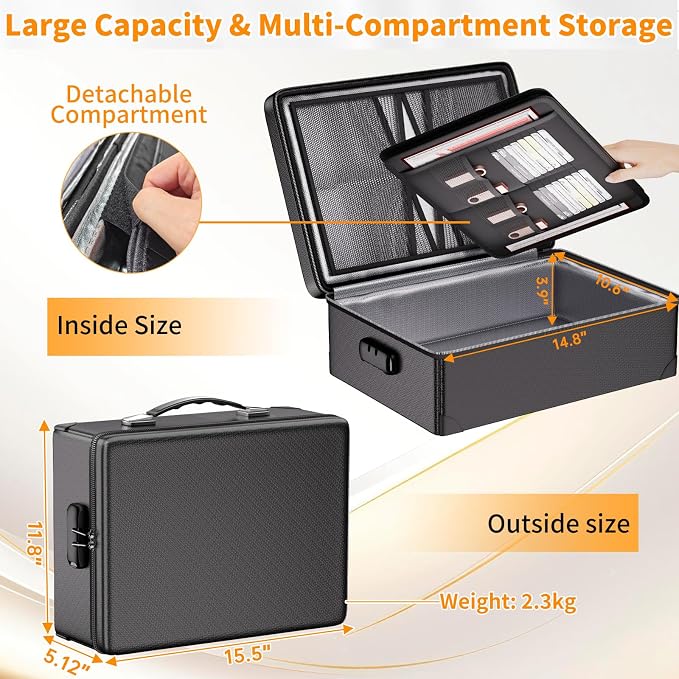 DocSafe Fireproof Document Box with Lock - 12 Layers Heat Insulated, Black | File Organizer Hard Case Safe Box with Fireproof Zipper, Home Safe Protects Important Documents, Passport, Cash