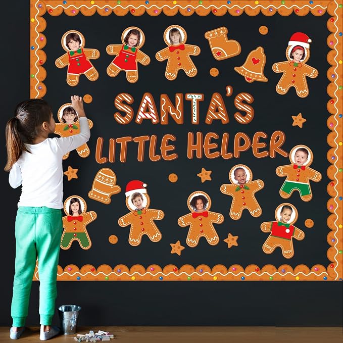 Christmas Bulletin Board Decoration Xmas Gingerbread Man Paper Cutouts DIY Photo Crafts Christmas Stocking Bulletin Board Set for Winter Holiday Classroom Wall Door Decor Home School Supplies