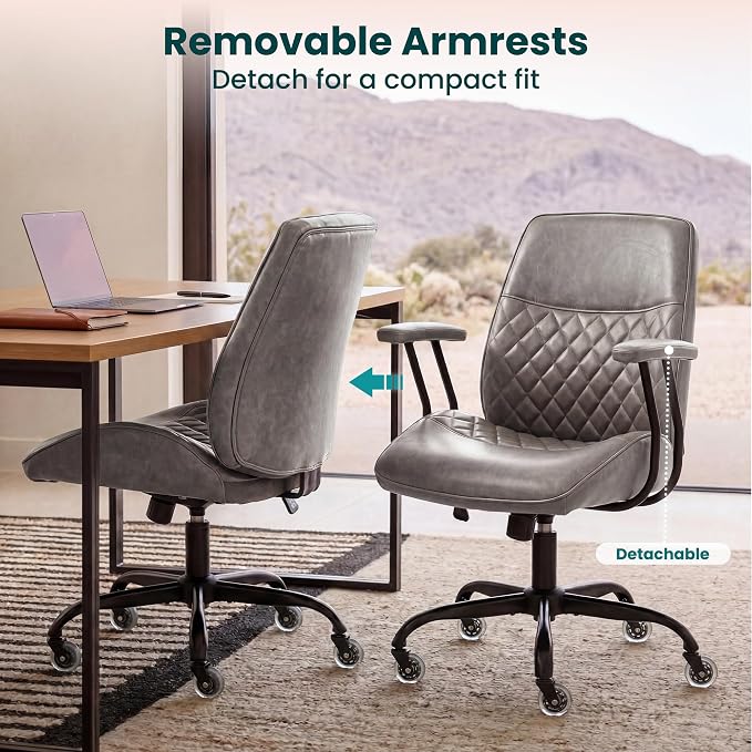NEO CHAIR Leather Office Chair with Ergonomic Design, Swivel Chair, Grey | Modern Computer Desk Chair with Genuine Leather, Lumbar Support, Removable Arms, Comfy Chair for Home Office, Smooth Rolling