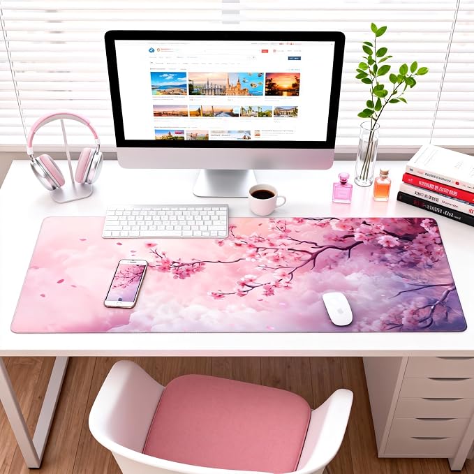 Cute Floral Aesthetic Cherry Gaming Mouse Pad, Pink Dreamy Desk Mat with Anti-Slip Base & Stitched Edges, Office & Home Desk Decor for Women, 35.4" x 15.7" in Computer Desktop Mat