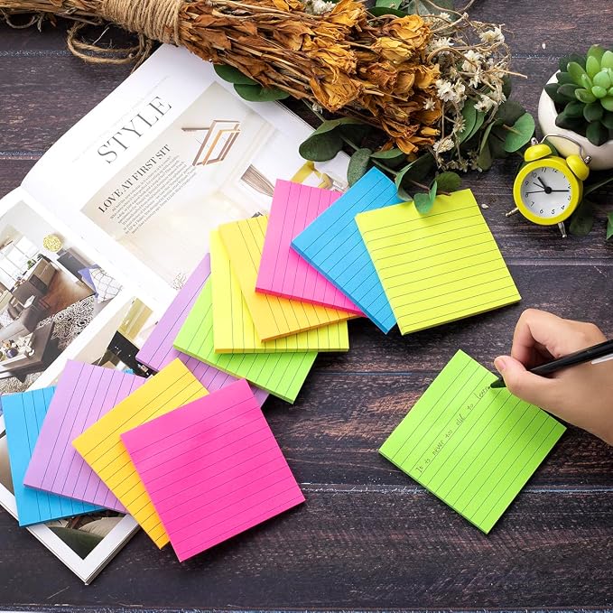(12 Pads) Lined Sticky Notes 4x4 in, 6 Bright Colors Self-Stick Note Pads | Strong Adhesive, 47 Sheets/Pad