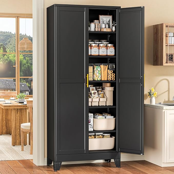 Black Pantry Storage Cabinet, 71" Metal Kitchen Pantry Storage | Steel Storage Cabinets with Doors and 4 Adjustable Shelves, Metal Storage Cabinet, for Office, Home, Garage, School