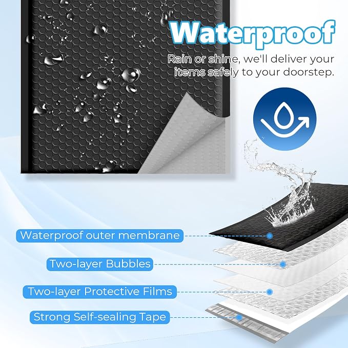 Metronic Bubble Mailers True 10.5x15" Usable Size Padded Envelopes 25 Pack | 50% Thicker 1/7" Bubble 10.5x16" Self Seal Water-resistant bubble envelopes for Books,Clothes,T-shirt Small Business,#5,Black