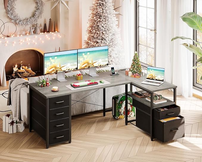 Coleshome 55 Inch L Shaped Office Desk with 6 Drawers, Power Outlet, Grey | 5 Fabric Drawers, File Drawer, USB and Type-C Ports, Open Storage Shelf, Reversible Layout for Home Office