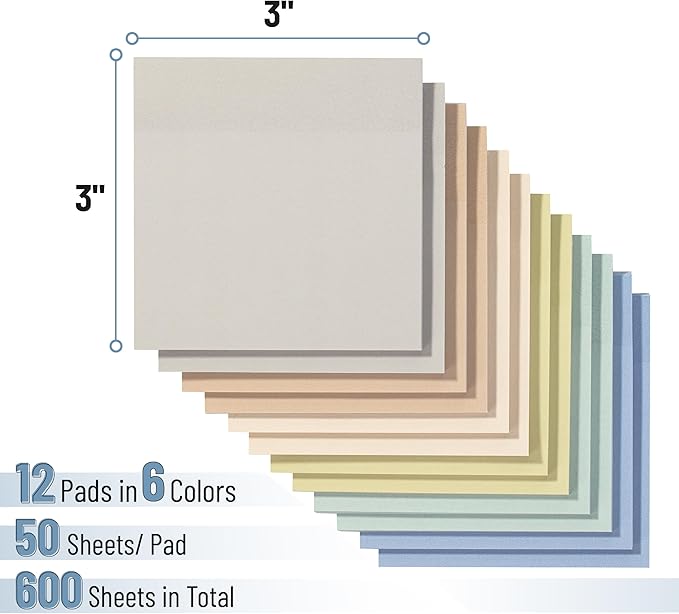 Mr. Pen- Sticky Notes, 3”x3”, 12 Pads, 600 Sheets, Colorful Sticky Notes 3x3, Whispers of Nature, Stocky Notes for Bible Journaling