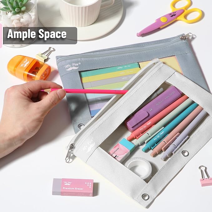 Mr. Pen- Pencil Pouch for 3 Ring Binder, 2 Pack, 10"x6.75", Smooth Zipper | Clear Window, Large Capacity Pencil Case with 3 Reinforced Grommets for School, Office, Supplies Storage | Clear Window, Large Capacity Pencil Case with 3 Reinforced Grommets f...