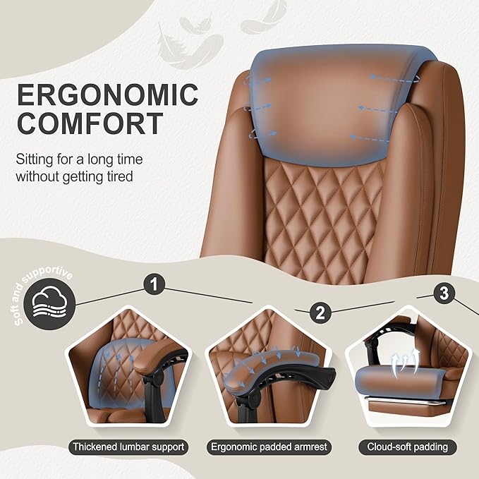 Homall Executive Home Office Chair with Lumbar Support,400lbs Adjustable Ergonomic High Back Office Chair Reclining Managerial Chair for Home Office (Brown)