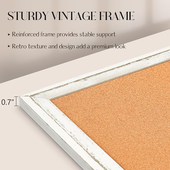 Cork Board Bulletin Board, 24"x18" Corkboard for Wall | Rustic White Wooden Frame, Decorative Pin Board, Message Board, Notice Board, Vision Board for Home, Office, Kitchen