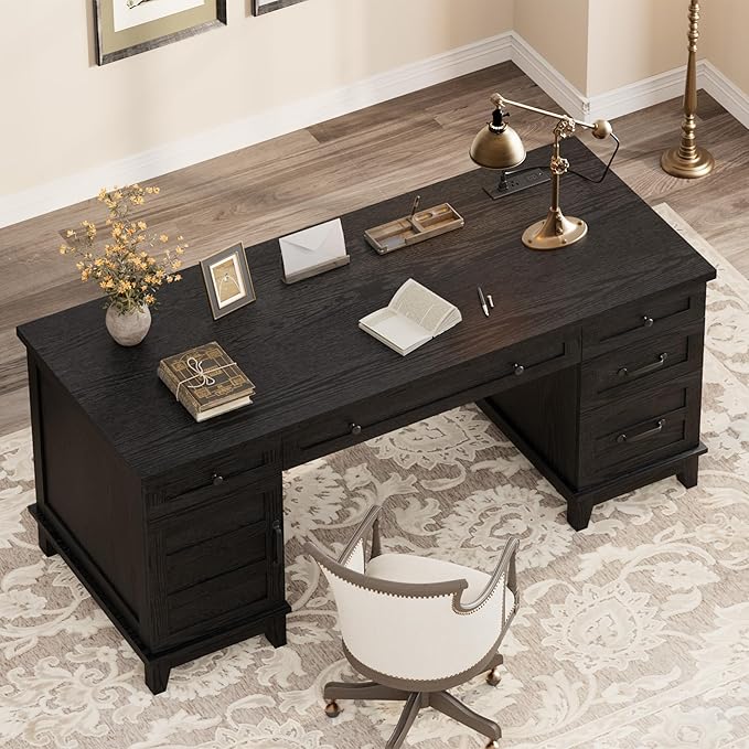 Garvee 60" Wooden Home Office Desk with File Drawers, Executive Desk with Adjustable Cabinet, Farmhouse Wood Desk with Power Outlet, Distressed Study and Work Table, Rustic Black