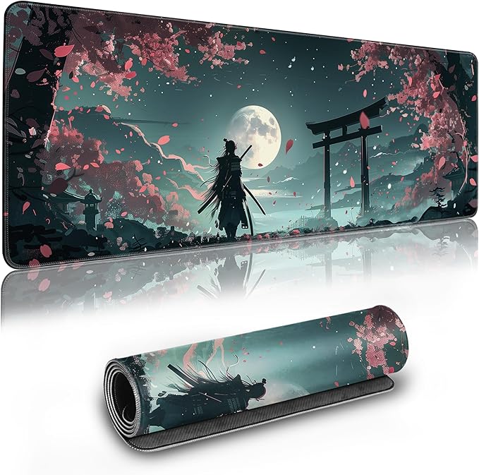 Long Gaming Mouse Pad Extended Anime Large Desk Pad with Non-Slip Base Full Keyboard Mat with Stitched Edges for Gaming and Office 31.5 x 11.8 inches (Samurai)