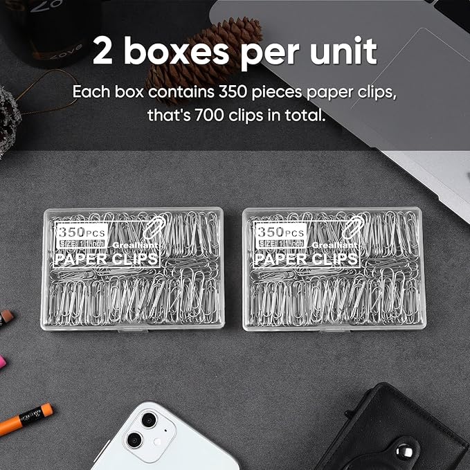 700 PCS Paper Clips, Small Paper Clips for Paperwork, 2 Boxes of 350 PCS Each, Sturdy and Upgraded Plastic Boxes Well Packed, Easy to Use in Office, School and Home