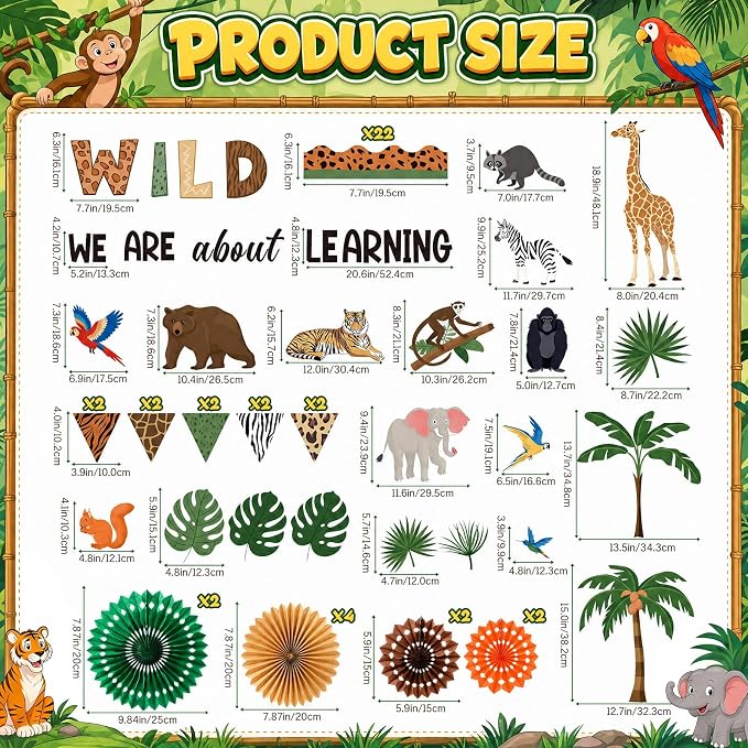 70 Pcs Jungle Bulletin Board Decorations with Paper Fans 3D Safari Animal Classroom Bulletin Board We are Wild About Learning Educational Cutouts for Back to School Office Wall Decor Supplies
