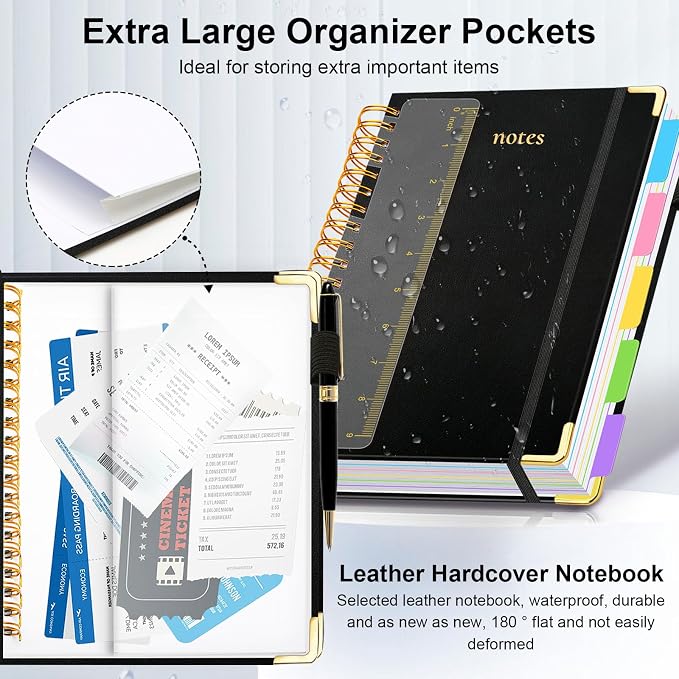 Hardcover Spiral Notebook 8"x10" Journal Notebook with Tabs and Removable Dividers 300 Pages 5 Subject Notebook College Ruled, Faux Leather Spiral Bound Notebook for Women School Work (Black)