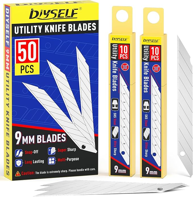 DIYSELF 50 Pack Utility Knife Blades, 9mm Snap Off Blades (30°) | Razor Knife Box Cutter Blades Refills for Detail Cutting, Segmented Edge, Precision Trimming for Paper, Vinyl, Film, Crafts