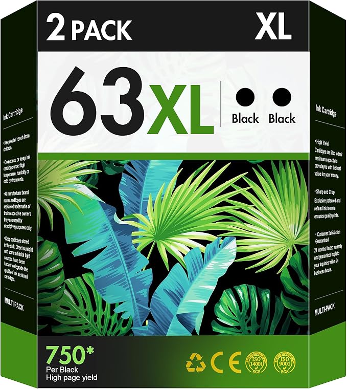 63XL Black Ink Cartridges Replacement for HP Ink 63 Black Ink Cartridges | for HP 63 63XL Works for HP OfficeJet 3830 4650 5255 5258 4655 4652 3833 Envy 4520 4512 DeskJet 1112 3630 Printer (2 Black)