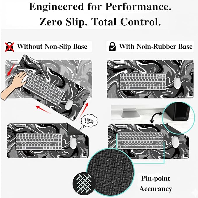 Large Gaming Mouse Pad (31.5x11.8in) - Black & Grey Liquid Swirl Design, Abstract Fluid Art - Extended Desk Mat with Stitched Edges, Non-Slip Rubber Base for Esports and High DPI Sensor Tracking