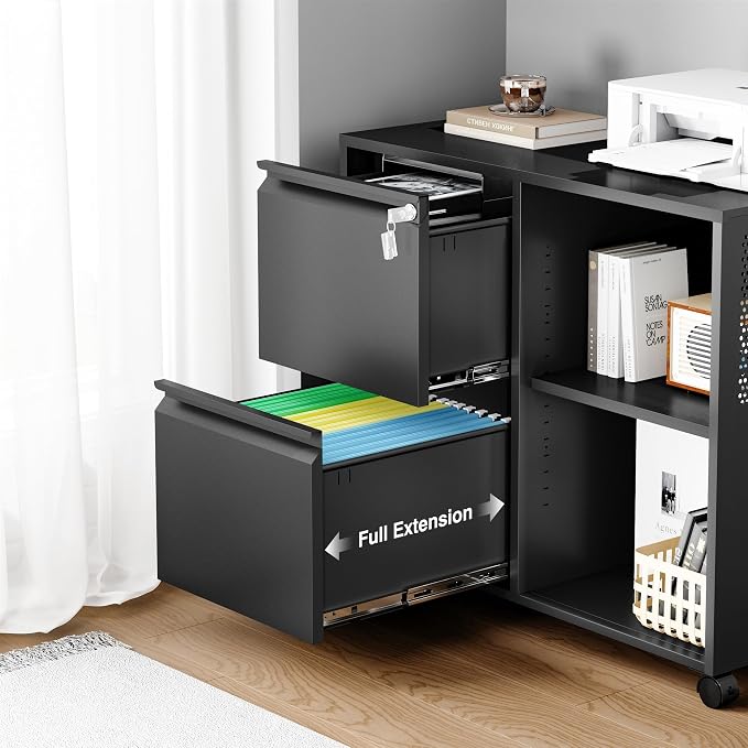 Mobile File Cabinet with Side Hook, 2 Drawer Lateral File Cabinet with Lock fits A4/Letters/Legal Size for Home Office,Metal Rolling Printer Stand with Open Storage Adjustable Shelves(Black)