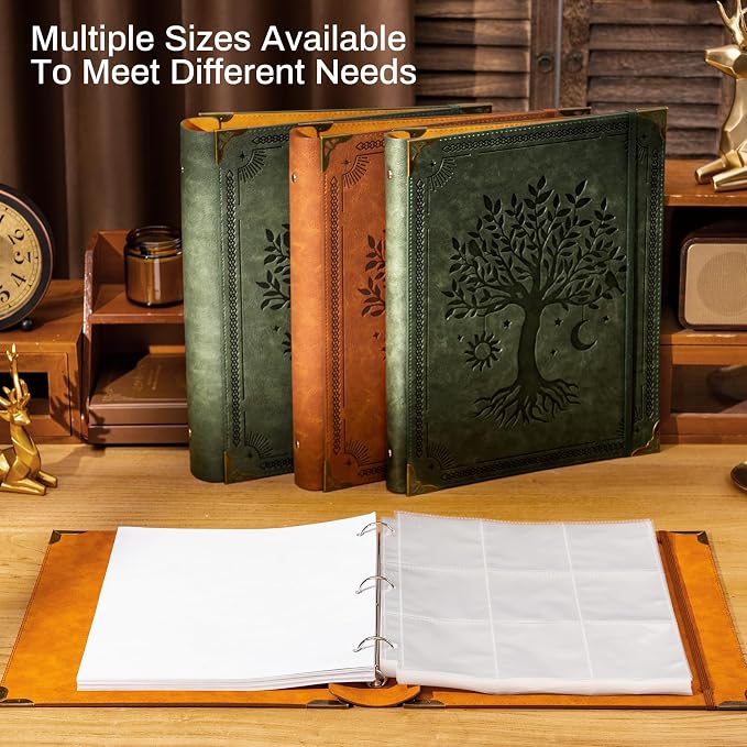 Ovesmusl PU Leather 3 Ring Binder 2 Inch Fits 8.5"x11" Letter Size Paper | 2 Inch Round Ring Binder Holds 500 Sheets, Notepad Paper Cover Loose Leaf Organizer, Brown Tree