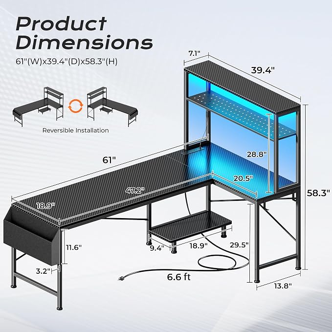L Shaped Gaming Desk with LED Lights & Power Outlets | Reversible Computer Desk with Storage Shelves & Bag, Large Corner Home Office Desk for Work from Home, Carbon Fiber Black