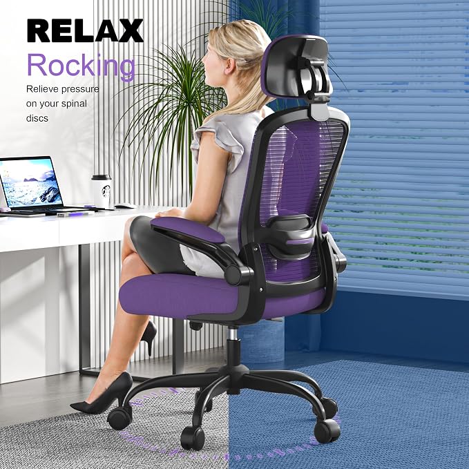 Mimoglad Office Chair, High Back Ergonomic Desk Chair with Adjustable Lumbar Support and Headrest, with flip-up Armrests for Guitar Playing, 5 Years Warranty (Modern, Dark Purple(Black Frame))