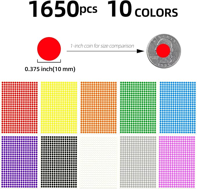 3/8" Small Colored Dot Stickers 1650 PCS Round Circle Stickers Tiny 10 Colors Coding Labels Mini Sticker for Office,Classroom (10 Colors, 3/8" (10 mm))