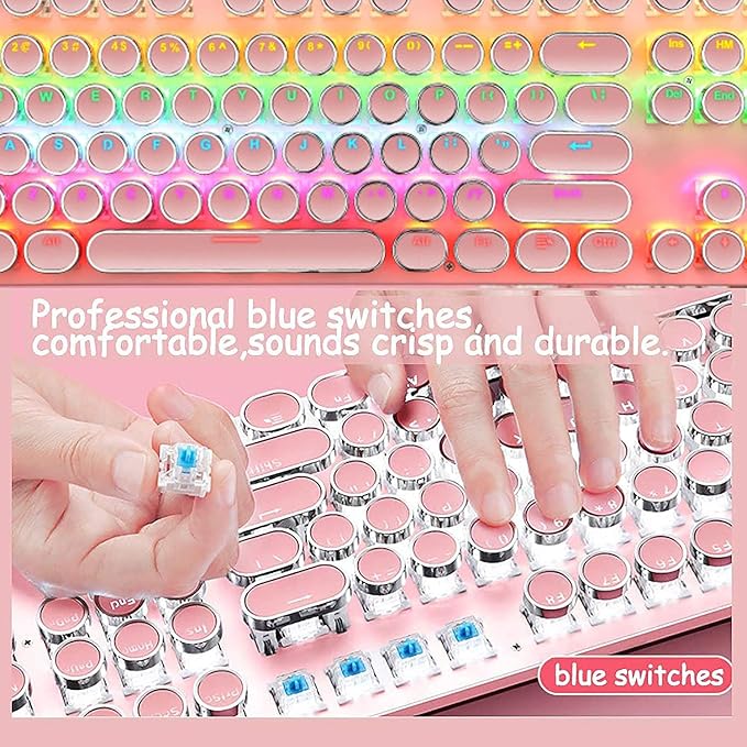 Mechanical Gaming Keyboard,87 Key Retro Punk Typewriter-Style,Blue Switch Rainbow Backlit Keyboard,Anti-Ghosting, USB Wired, for PC Laptop Desktop Computer, for Game and Office (Black)